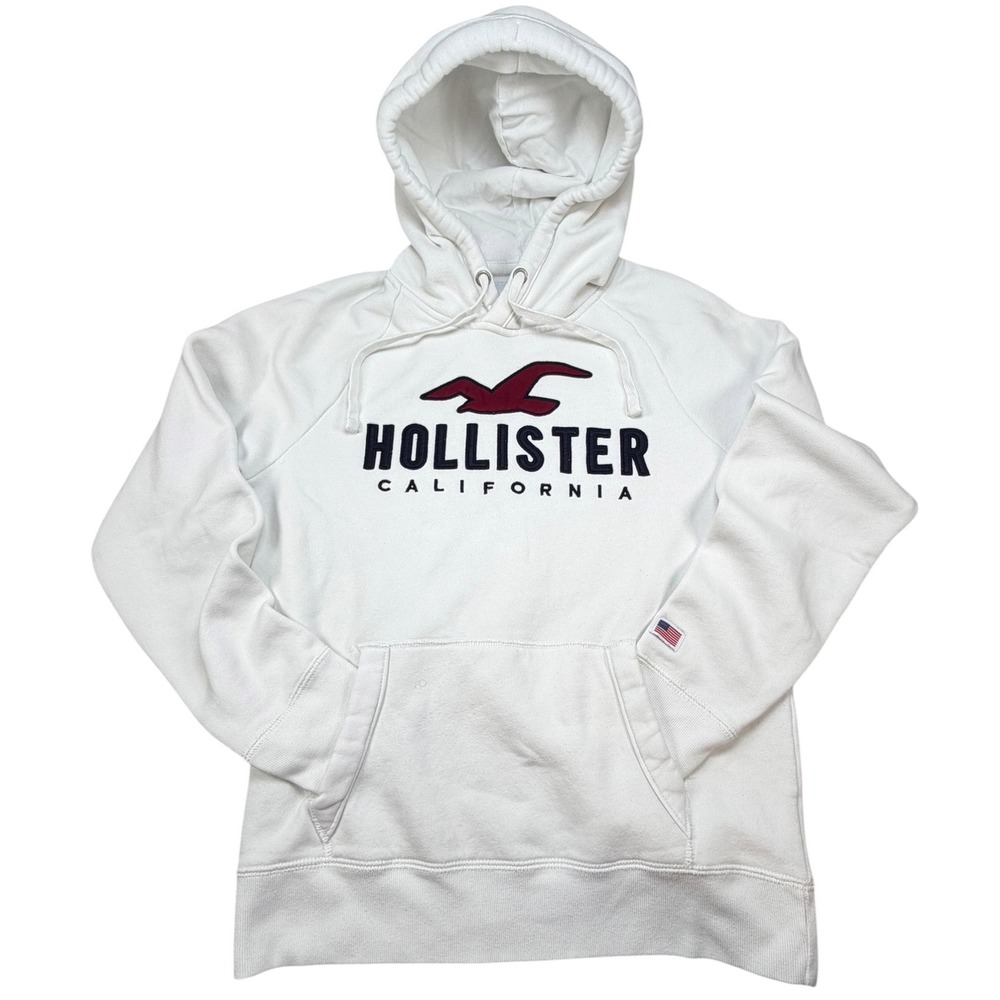 Hollister California Hoodie Mens M White Big Logo Embroidered Seagull Pullover
